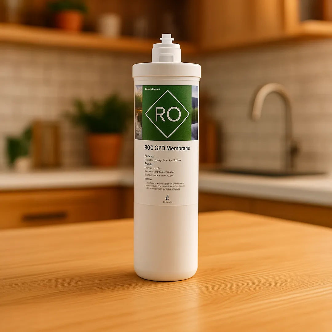Urquelle Ersatzfilter Osmoseanlage - RO Membran mit 800 GPD  für Urquelle Diamant 1 - stehend auf Tischplatte in der Küche