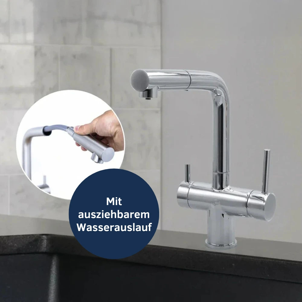 Der Vierwegehahn EW 416 in verchromt von Evodrop  mit ausziehbarerm Wasserlauf für Osmoseanlagen und Wasserfilter: In einer Küche
