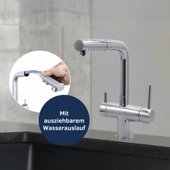 Der Vierwegehahn EW 416 in verchromt von Evodrop  mit ausziehbarerm Wasserlauf für Osmoseanlagen und Wasserfilter: In einer Küche