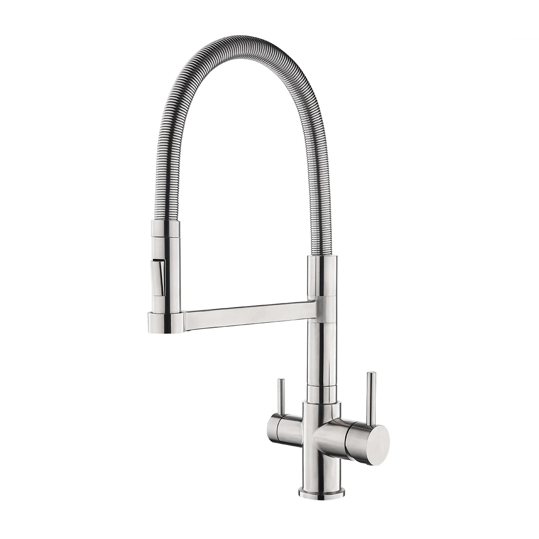 Der Vierwegehahn aus Edelstahl ODIN 
von misterwater - für Osmoseanlagen und Wasserfilter, mit schwenkbarer Brause: Als Freisteller