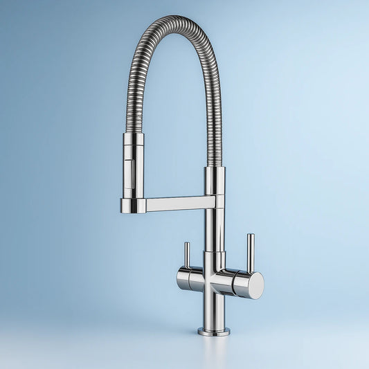 Der Vierwegehahn aus Edelstahl ODIN 
von misterwater - für Osmoseanlagen und Wasserfilter: Auf blauem Hintergrund