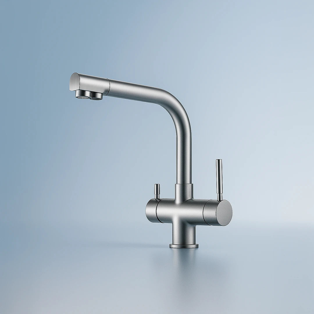 Der Vierwegehahn EW 411 von Evodrop  für Osmoseanlagen und Wasserfilter: Auf blauem Hintergrund