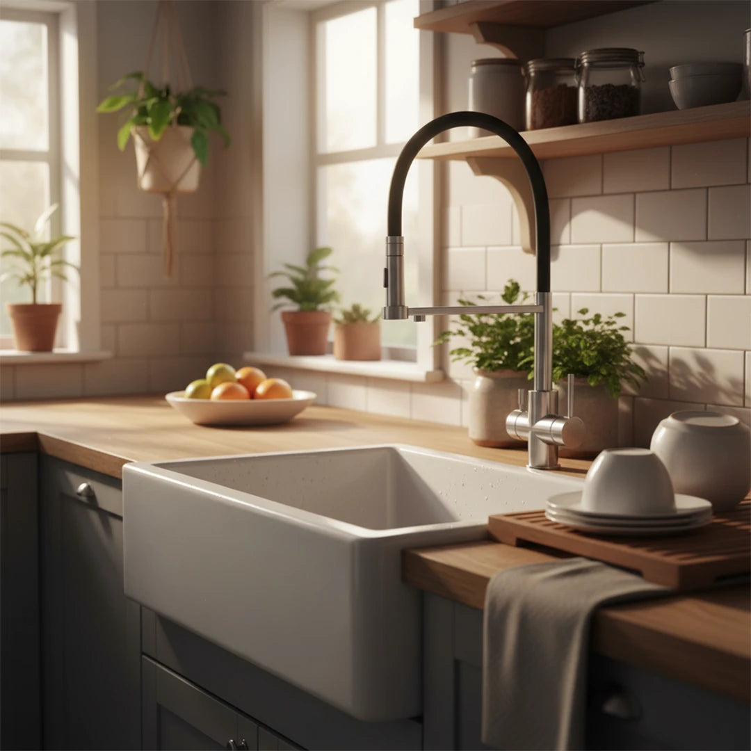 Der Vierwegehahn EW 412 von Evodrop  mit ausziehbarer Brause für Osmoseanlagen und Wasserfilter: In einer Küche