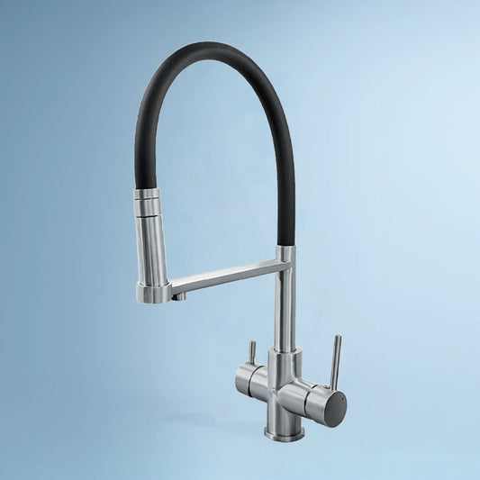 Der Vierwegehahn EW 412 von Evodrop  mit ausziehbarer Brause für Osmoseanlagen und Wasserfilter: Auf blauem Hintergrund