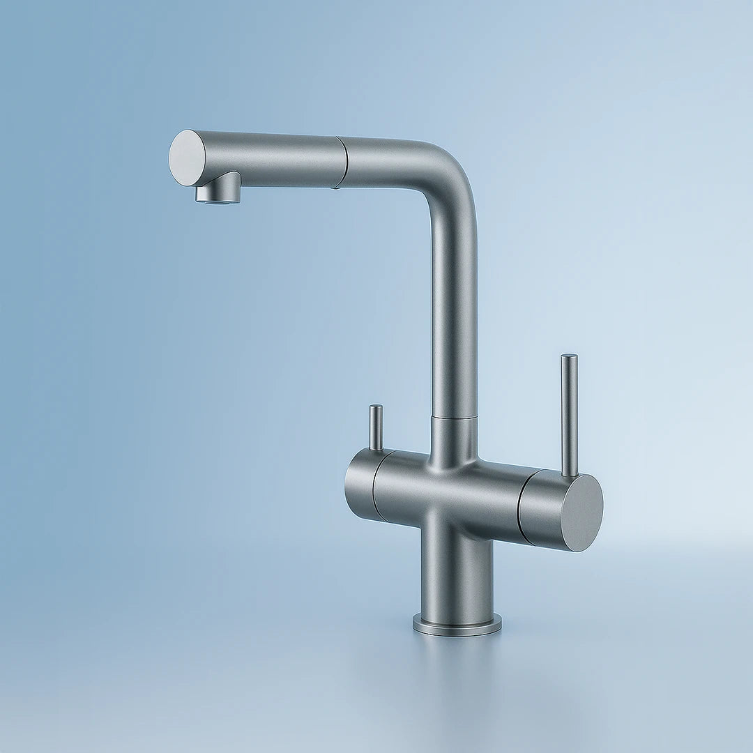 Der Vierwegehahn EW 416 von Evodrop  mit ausziehbarer Brause für Osmoseanlagen und Wasserfilter: Auf blauem Hintergrund