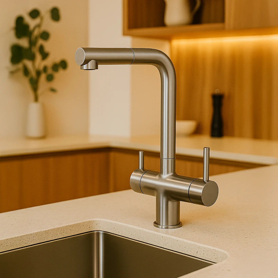 Der Vierwegehahn EW 416 von Evodrop  mit ausziehbarer Brause für Osmoseanlagen und Wasserfilter: In einer warmen Küche