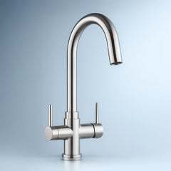 Der Vierwegehahn aus Edelstahl NEPTUN 
von misterwater - für Osmoseanlagen und Wasserfilter: Auf blauem Hintergrund