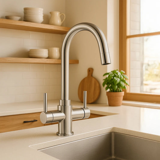 Der Vierwegehahn aus Edelstahl NEPTUN 
von misterwater - für Osmoseanlagen und Wasserfilter: Inszeniert in einer Küche