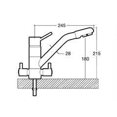 Der Vierwegehahn PRISMA von misterwater - für Osmoseanlagen und Wasserfilter: Produktmaße als Skizze
