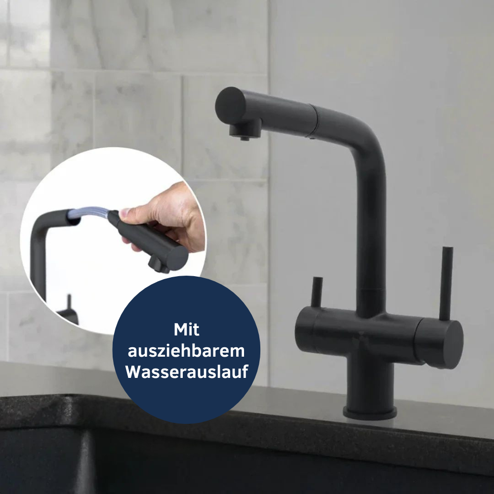 Der Vierwegehahn EW 416 in Schwarz von Evodrop  mit ausziehbarer Brause für Osmoseanlagen und Wasserfilter: In einer Küche