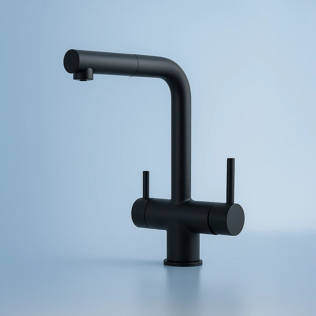 Der Vierwegehahn EW 416 in Schwarz von Evodrop  mit ausziehbarer Brause für Osmoseanlagen und Wasserfilter: Auf blauem Hintergrund