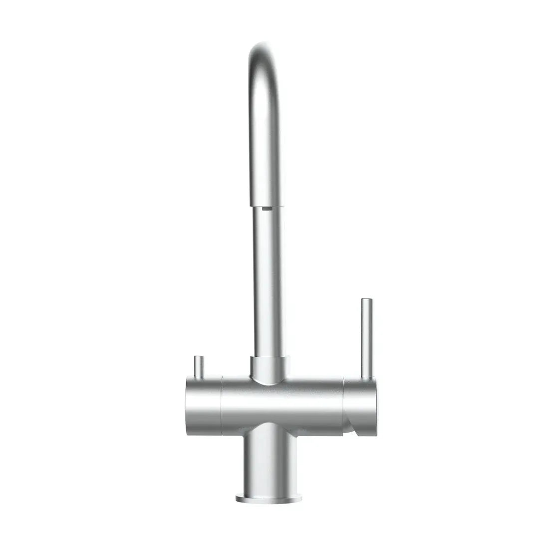 Der 3 Wege Wasserhahn in silber aus Edelstahl gebürstet: Modell VZFX011480als Freisteller frontal