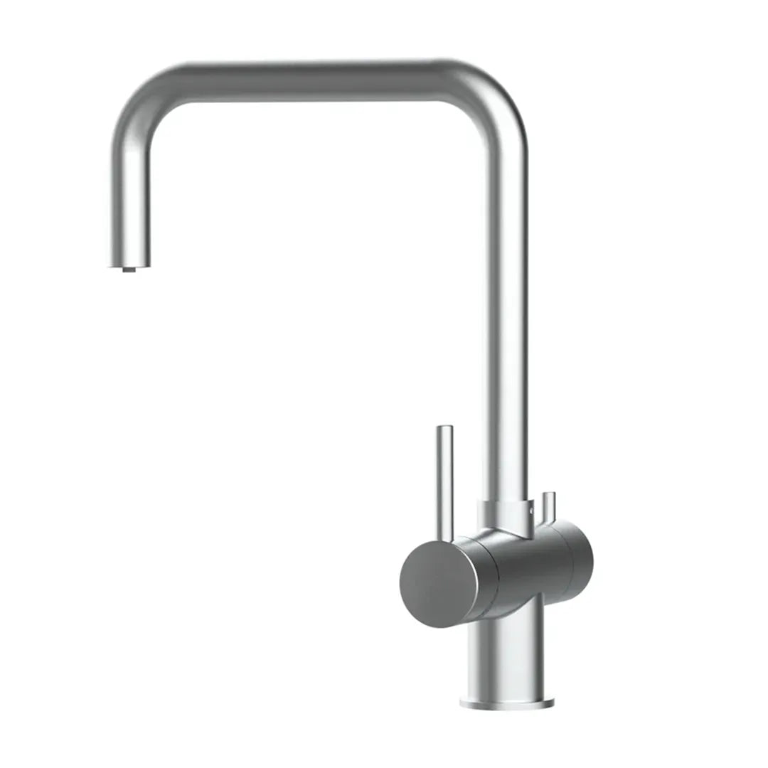 Der 3 Wege Wasserhahn in silber aus Edelstahl gebürstet: Modell VZFX011480als Freisteller von der Seite