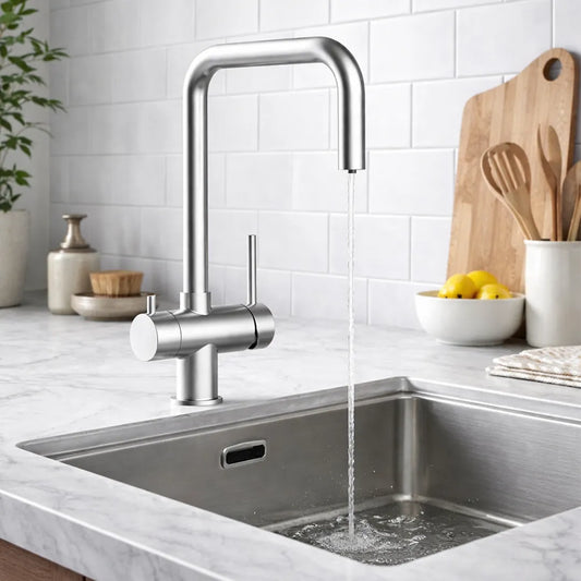 Der 3 Wege Wasserhahn in silber aus Edelstahl gebürstet: Modell VZFX011480 in der Küche installiert