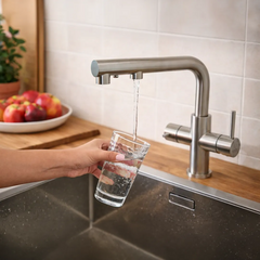 VIZIO 3 Wege Wasserhahn mit ausziehbarer Brause aus Edelstahl gebürstet: Modell VZFX015080 in Nutzung