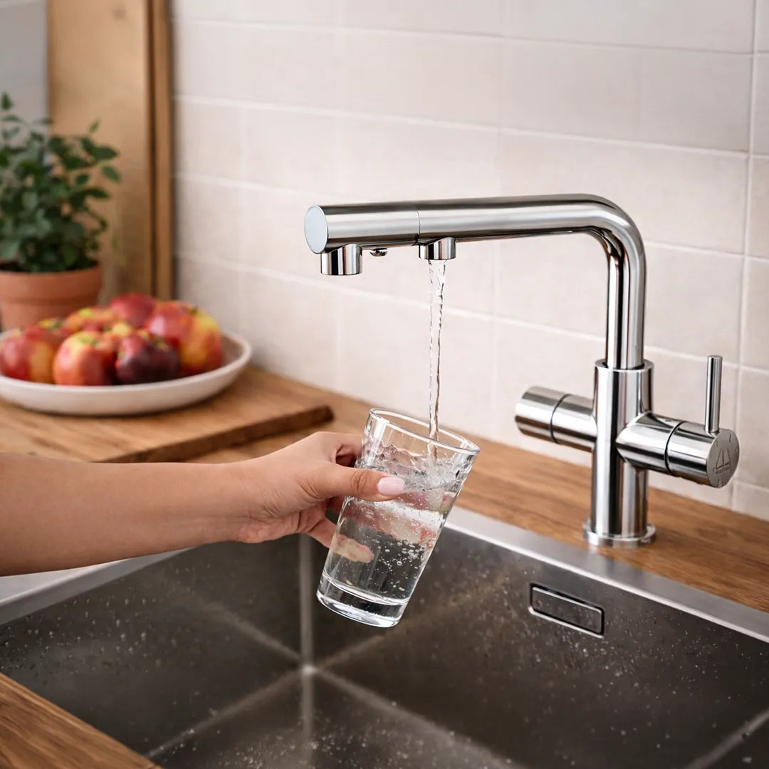 VIZIO 3 Wege Wasserhahn mit ausziehbarer Brause aus Edelstahl hochglanz: Modell VZFX015000 in Nutzung