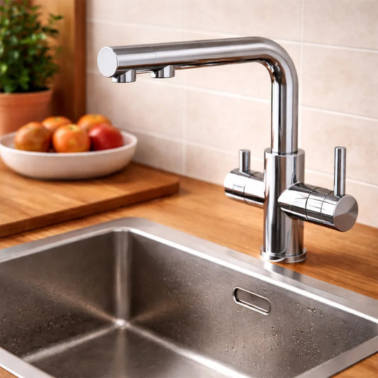VIZIO 3 Wege Wasserhahn mit ausziehbarer Brause aus Edelstahl hochglanz: Modell VZFX015000 in der Küche