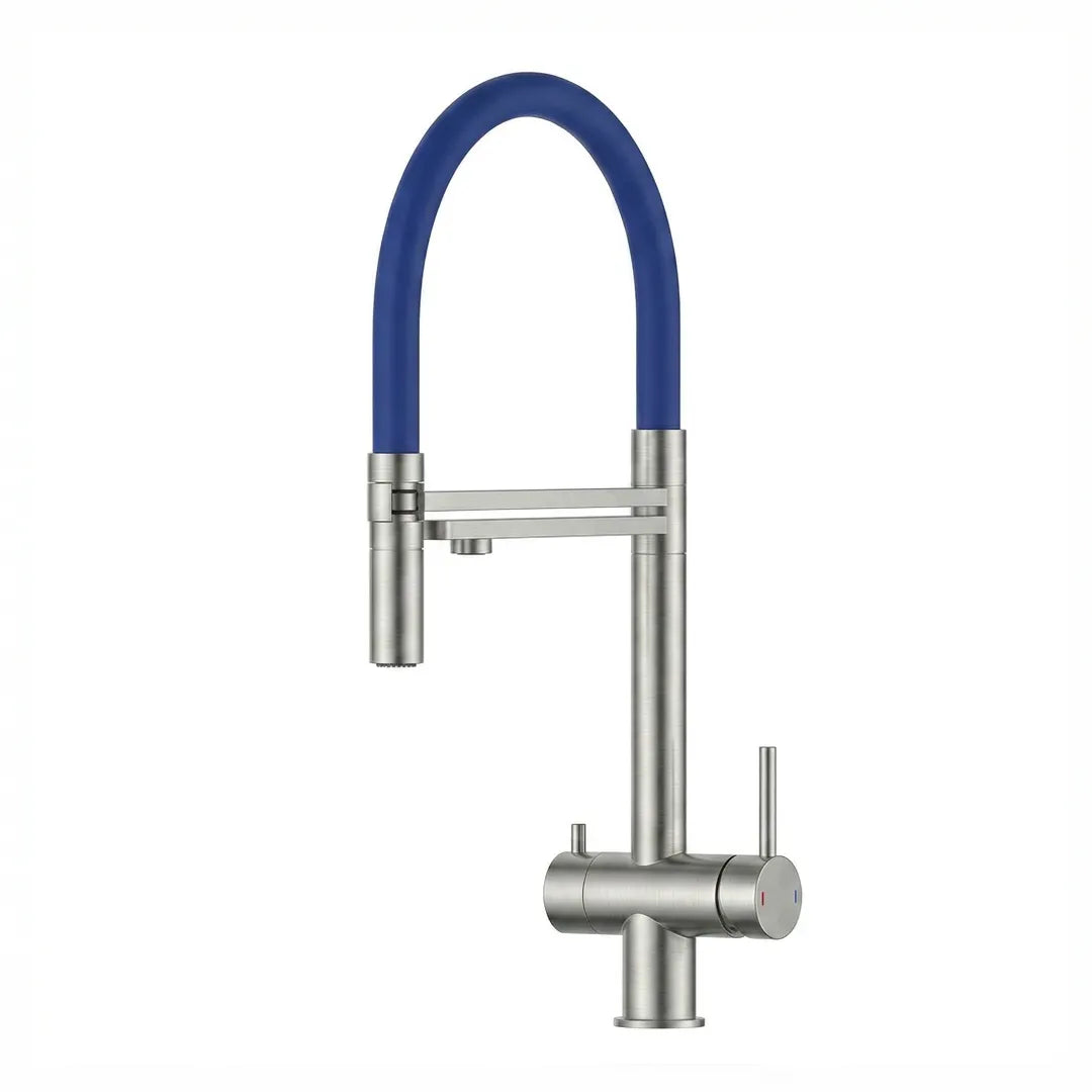 VIZIO 3-Wege Wasserhahn Blau aus Edelstahl gebürstet mit 2-Strahl Brause: Modell VZFX018182 als Freisteller