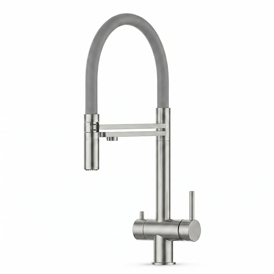 VIZIO 3-Wege Wasserhahn Grau aus Edelstahl gebürstet mit 2-Strahl Brause: Modell VZFX018182 als Freisteller