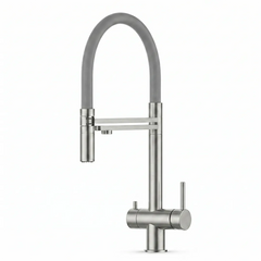 VIZIO 3-Wege Wasserhahn Grau aus Edelstahl gebürstet mit 2-Strahl Brause: Modell VZFX018182 als Freisteller