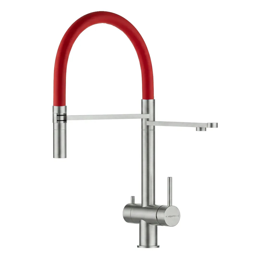 VIZIO 3-Wege Wasserhahn Rot aus Edelstahl gebürstet mit 2-Strahl Brause: Modell VZFX018182 als Freisteller