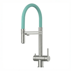 VIZIO 3-Wege Wasserhahn Türkis aus Edelstahl gebürstet mit 2-Strahl Brause: Modell VZFX018182 als Freisteller