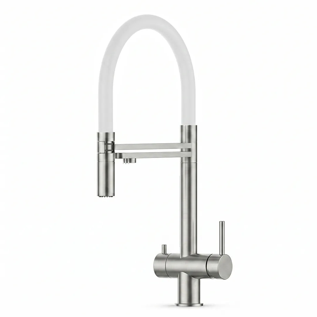 VIZIO 3-Wege Wasserhahn Weiss aus Edelstahl gebürstet mit 2-Strahl Brause: Modell VZFX018182 als Freisteller