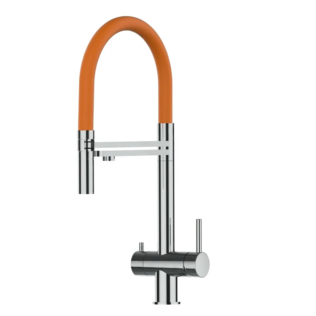 VIZIO 3-Wege Wasserhahn Orange aus Edelstahl mit 2-Strahl Brause: Modell VZFX018102 als Freisteller