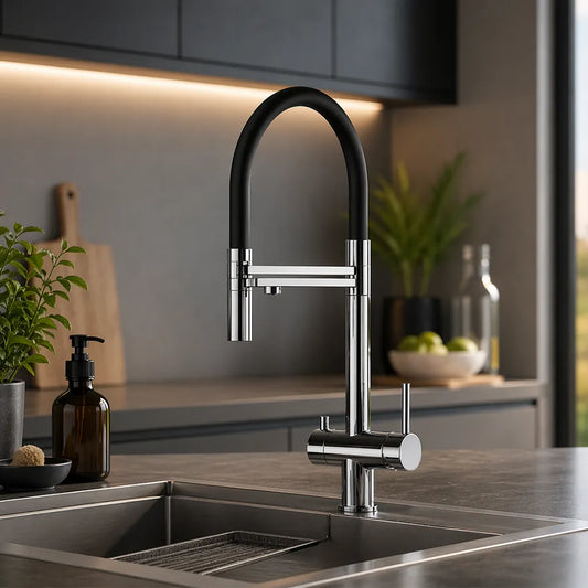 VIZIO 3-Wege Wasserhahn Schwarz aus Edelstahl hochglanz: Modell VZFX018102 in der Küche