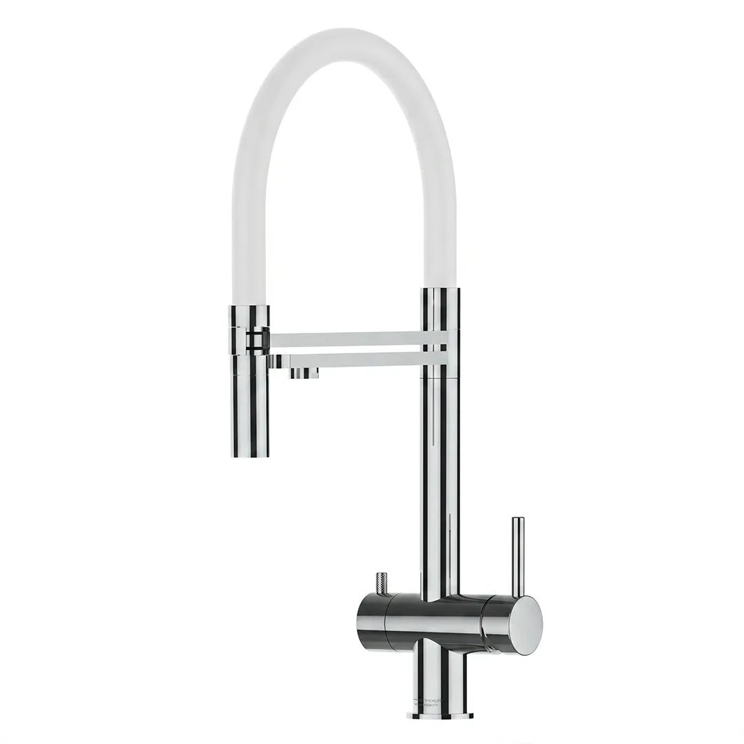 VIZIO 3-Wege Wasserhahn Weiß aus Edelstahl mit 2-Strahl Brause: Modell VZFX018102 als Freisteller